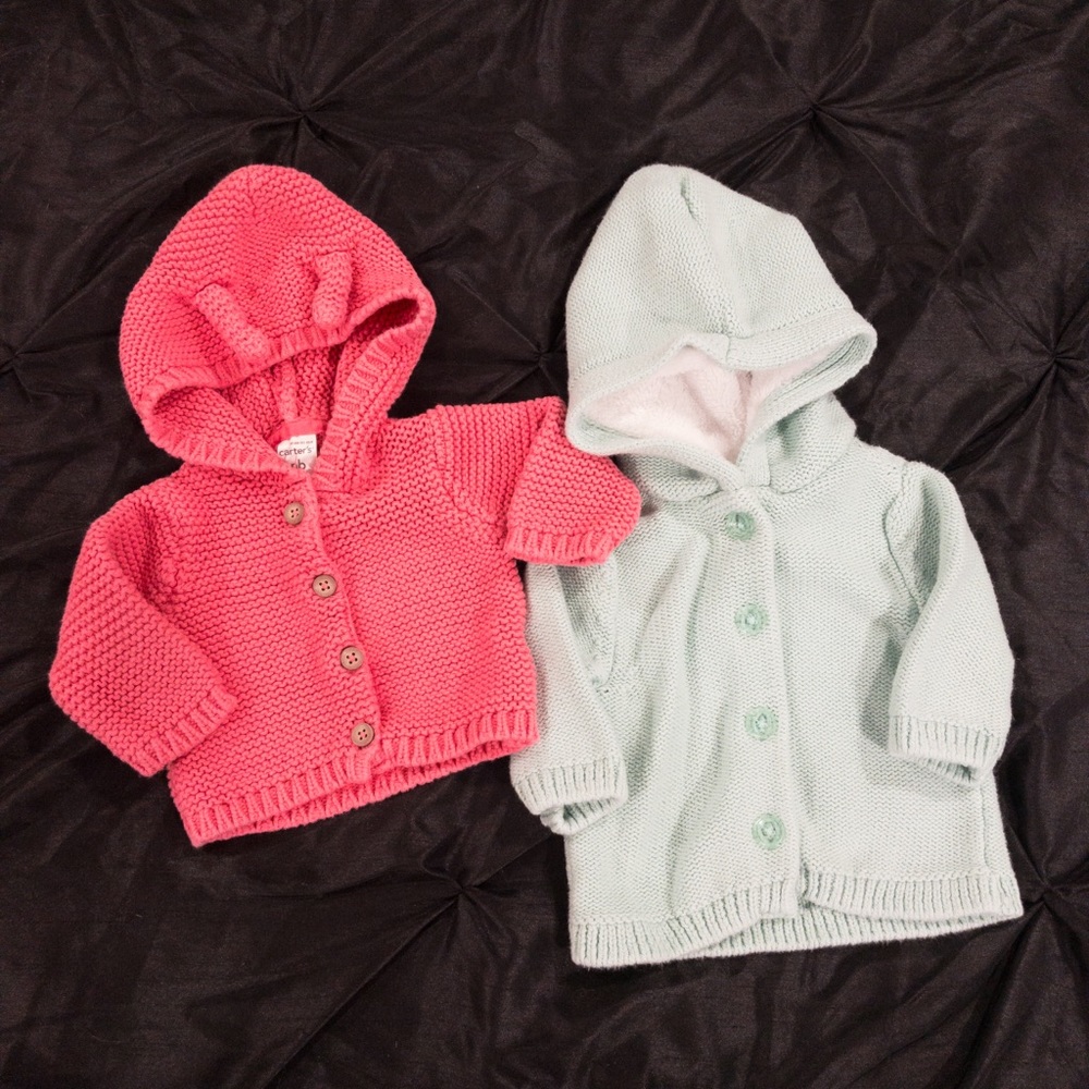 Hooded Baby Girls Two Sweater Bundle Newborn Pink and Blue Button Up Jackets